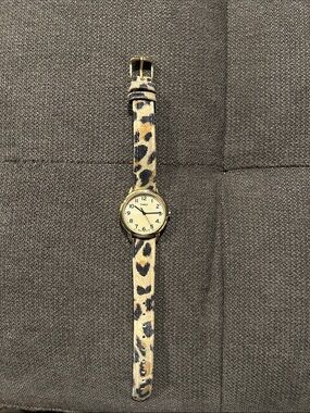 Timex Gold-Tone Watch with Beige and Black Leopard Strap